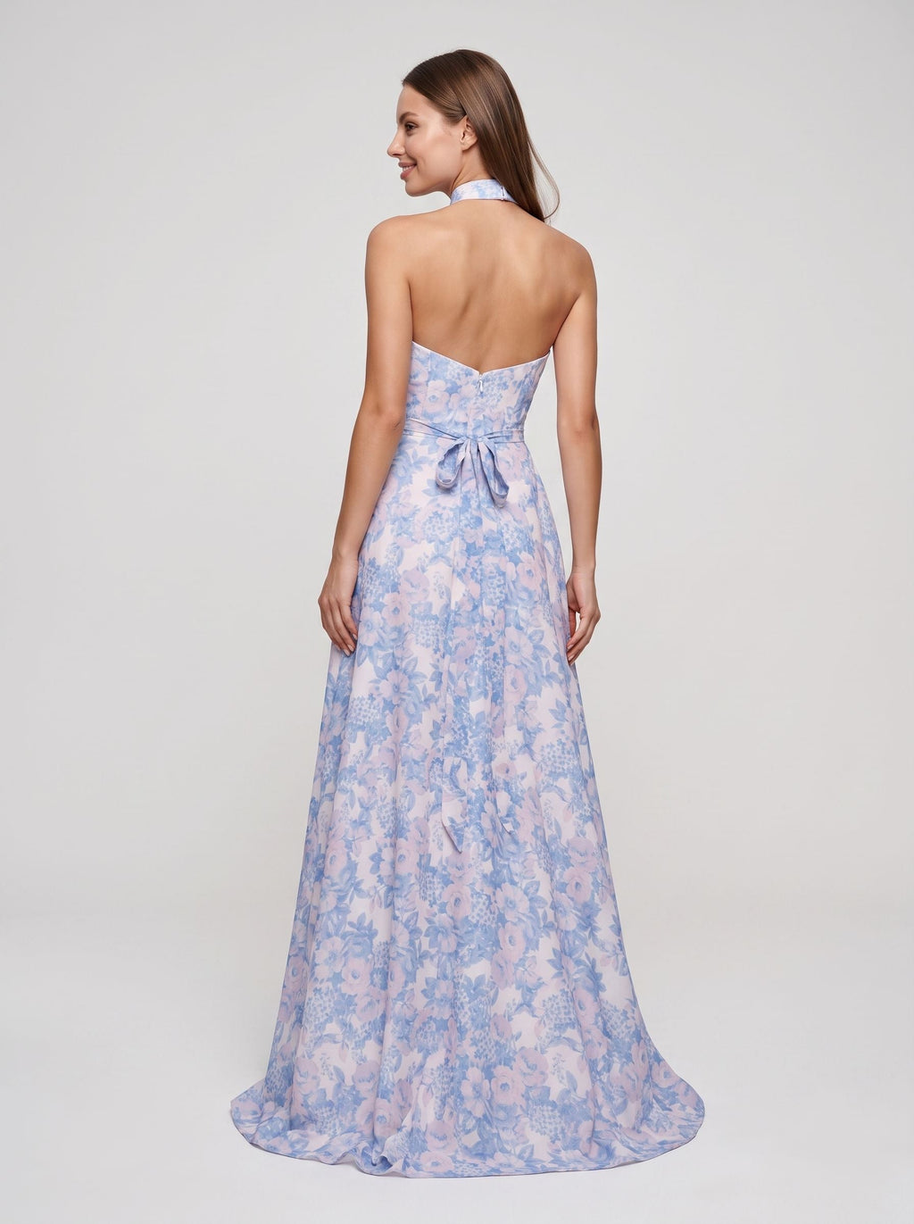 Blue Floral Satin A-Line Sweetheart Back Zip Floor-Length Dress with Removable Belt - Curvevia