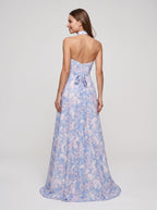 Blue Floral Satin A-Line Sweetheart Back Zip Floor-Length Dress with Removable Belt - Curvevia