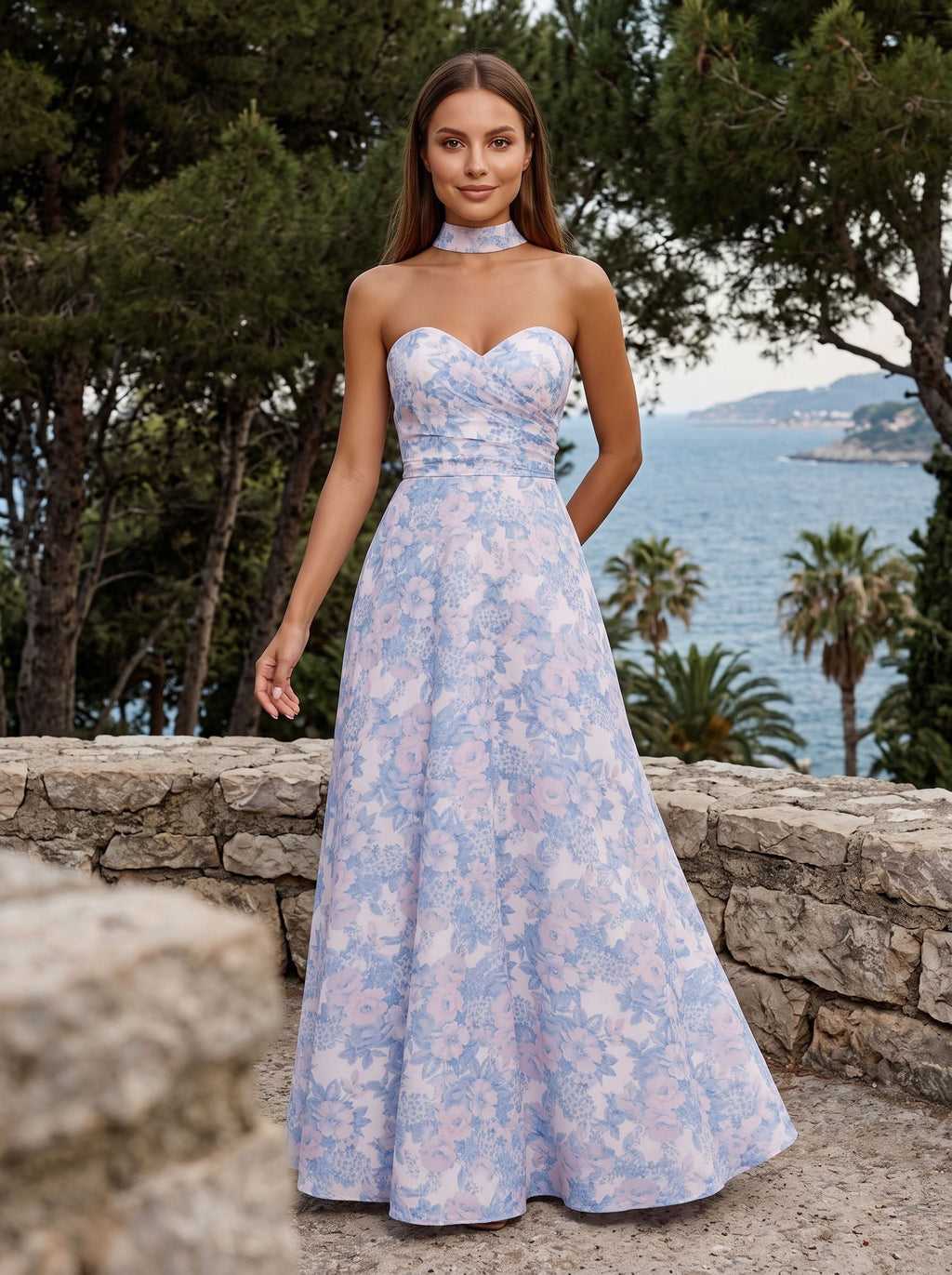 Blue Floral Satin A-Line Sweetheart Back Zip Floor-Length Dress with Removable Belt - Curvevia