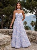 Blue Floral Satin A-Line Sweetheart Back Zip Floor-Length Dress with Removable Belt - Curvevia