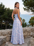 Blue Floral Satin A-Line Sweetheart Back Zip Floor-Length Dress with Removable Belt - Curvevia