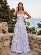 Blue Floral Satin A-Line Sweetheart Back Zip Floor-Length Dress with Removable Belt - Curvevia