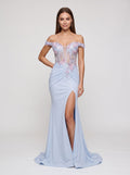 Mist Sequins Sheath Off-the-Shoulder Lace-up Floor-Length Dress with Floral Embroidery & Slit - Curvevia