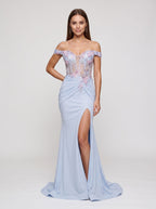 Mist Sequins Sheath Off-the-Shoulder Lace-up Floor-Length Dress with Floral Embroidery & Slit - Curvevia