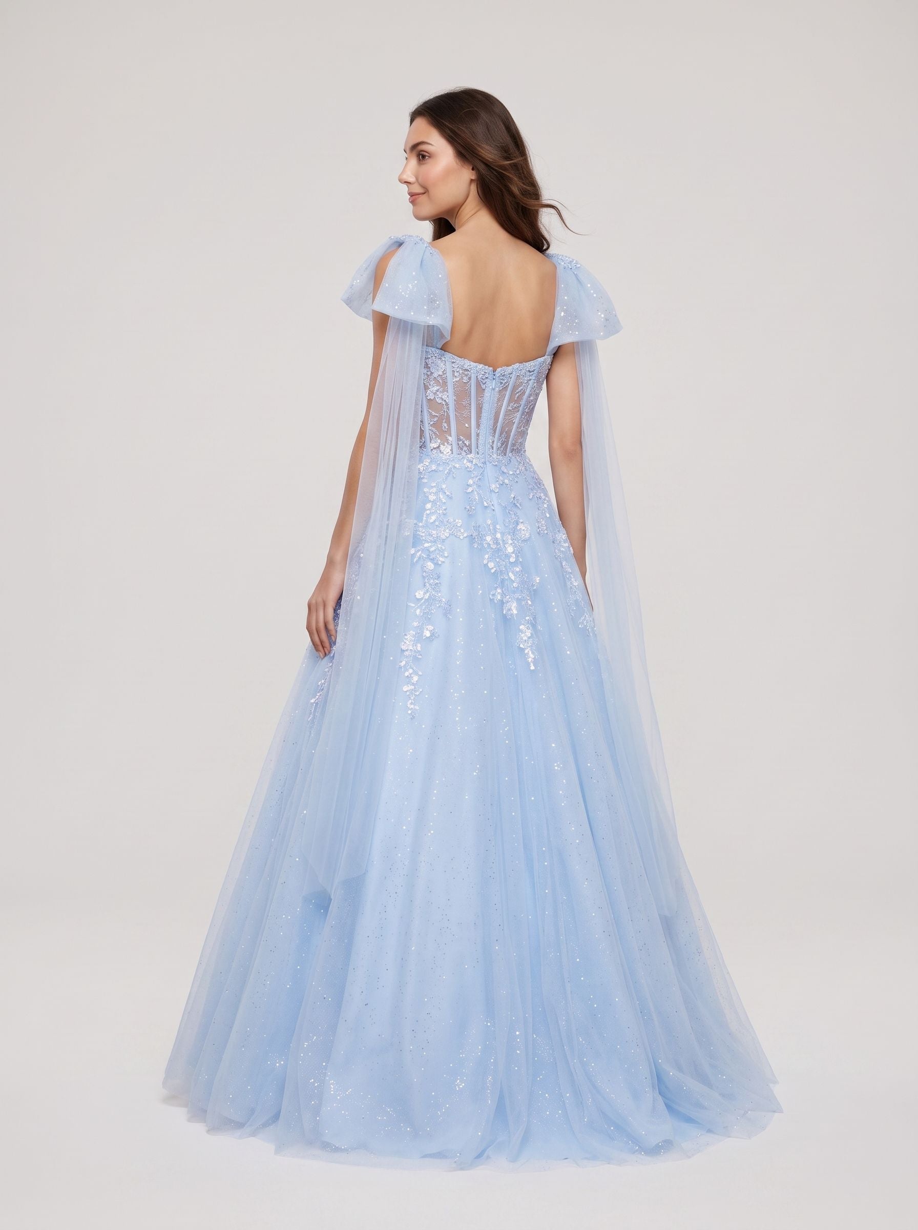 Blue Tulle A-Line Sweetheart Corset Back Floor-Length Dress with Shoulder Bows - Curvevia