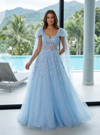 Blue Tulle A-Line Sweetheart Corset Back Floor-Length Dress with Shoulder Bows - Curvevia