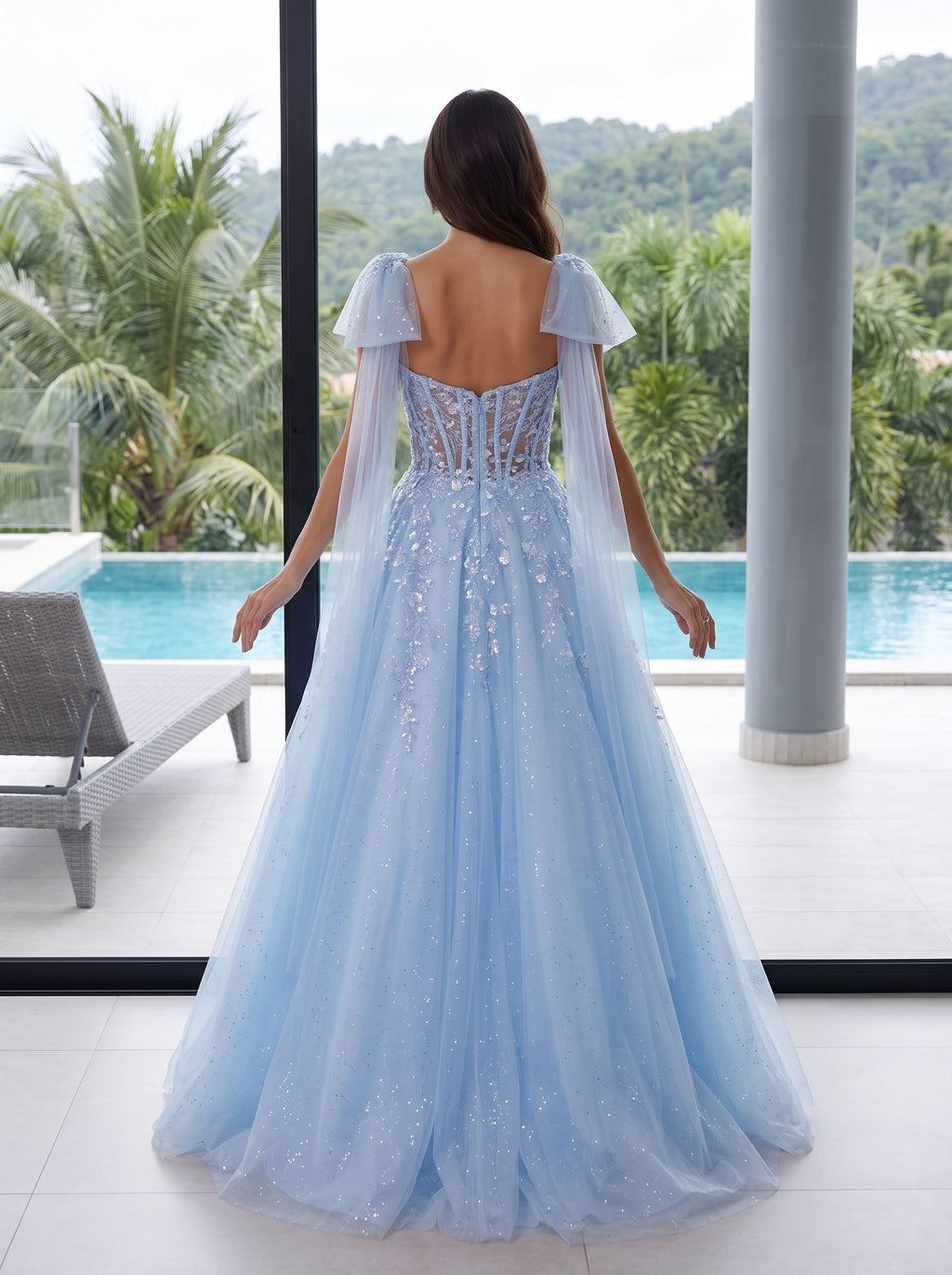 Blue Tulle A-Line Sweetheart Corset Back Floor-Length Dress with Shoulder Bows - Curvevia
