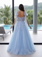 Blue Tulle A-Line Sweetheart Corset Back Floor-Length Dress with Shoulder Bows - Curvevia