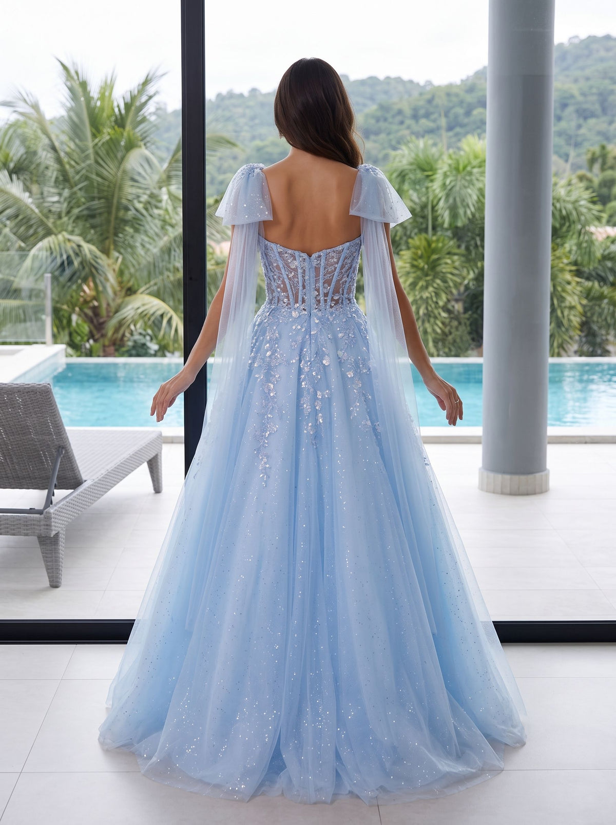 Blue Tulle A-Line Sweetheart Corset Back Floor-Length Dress with Shoulder Bows - Curvevia