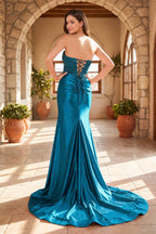Fuchsia Beaded Strapless Applique Evening Dress with Slit - Curvevia