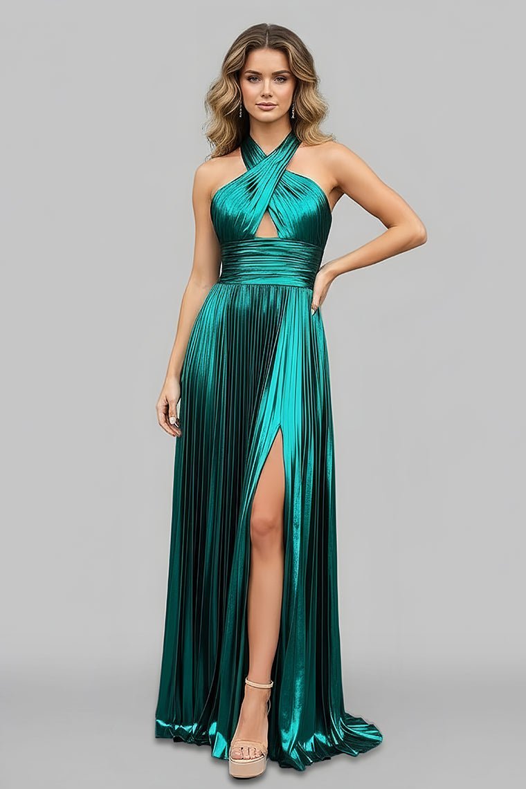 Peacock Blue Halter Neck A-Line Long Evening Dress With Split - Curvevia