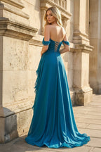Peacock Off The Shoulder A Line Chiffon Pleated Long Evening Dress With Slit - Curvevia