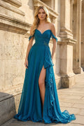Peacock Off The Shoulder A Line Chiffon Pleated Long Evening Dress With Slit - Curvevia