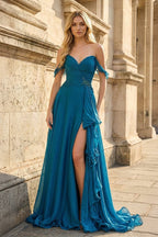 Peacock Off The Shoulder A Line Chiffon Pleated Long Evening Dress With Slit - Curvevia