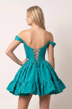 Red Off The Shoulder A Line Pleated Satin Short Wedding Guest Dress - Curvevia