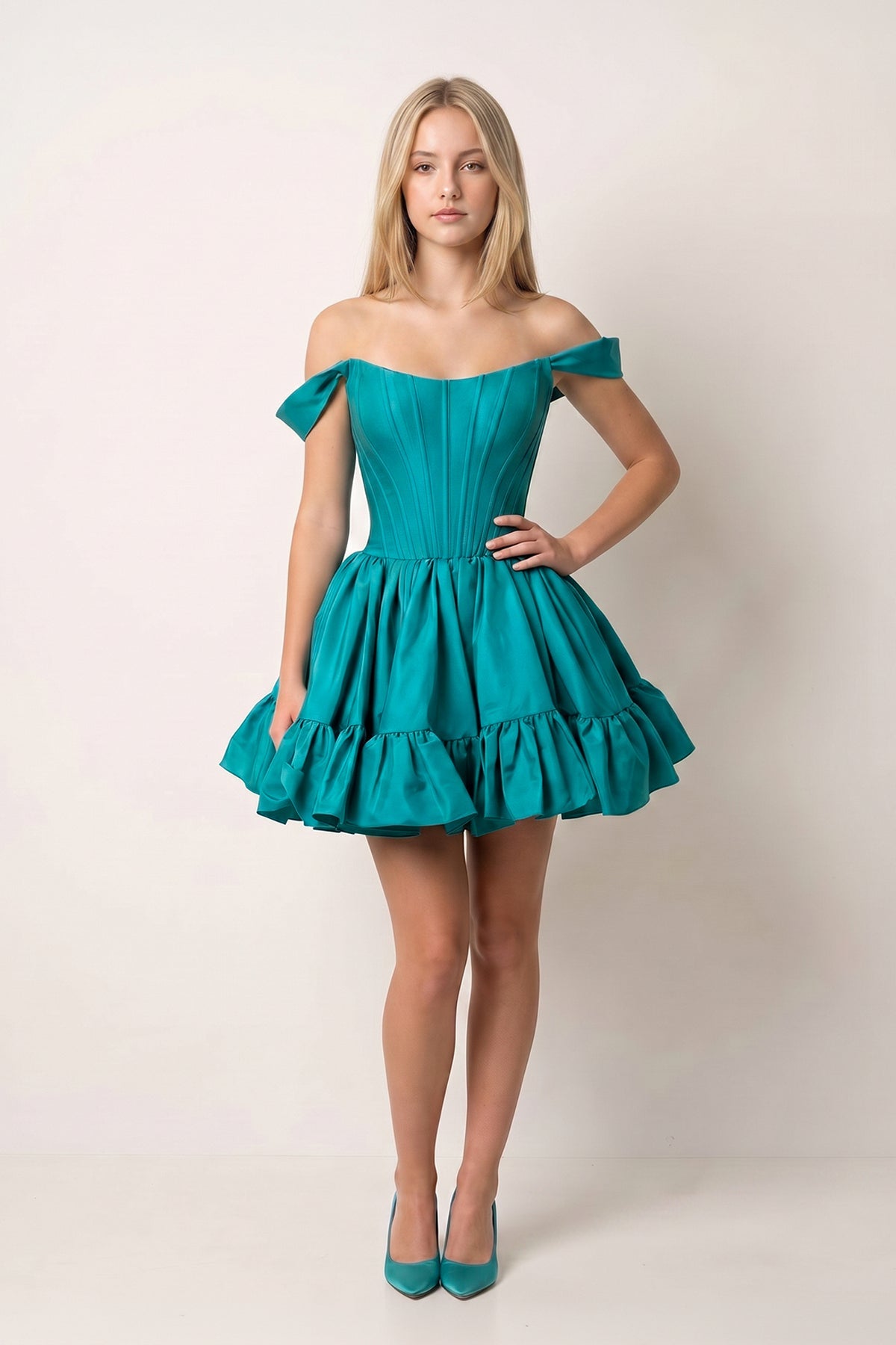 Red Off The Shoulder A Line Pleated Satin Short Wedding Guest Dress - Curvevia