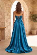 Black Strapless Satin Long Evening Dress With High Split - Curvevia