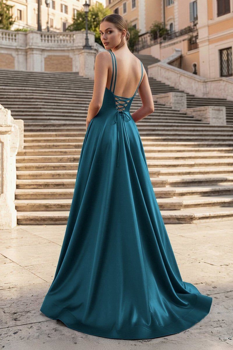 Burgundy Spaghetti Straps A Line Satin Long Prom Dresses With Slit - Curvevia