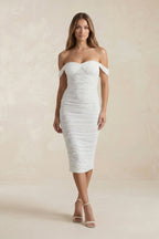 Pearl Off-the-Shoulder Sheath Ruched Midi Wedding Dress in White - Curvevia