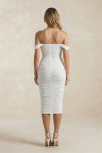 Pearl Off-the-Shoulder Sheath Ruched Midi Wedding Dress in White - Curvevia