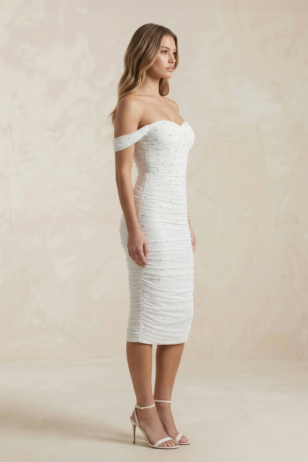 Pearl Off-the-Shoulder Sheath Ruched Midi Wedding Dress in White - Curvevia