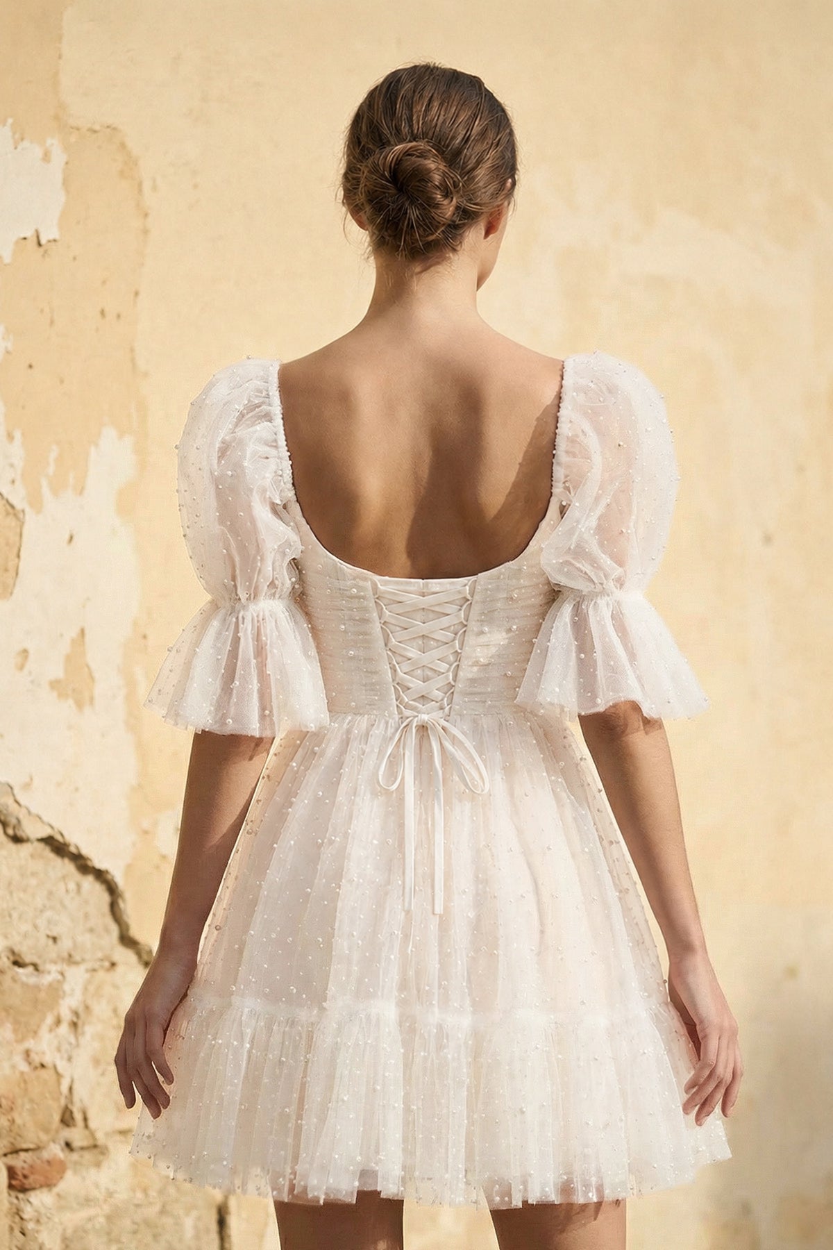 Pearl Short Reception Wedding Dresses With Bubble Sleeves - Curvevia