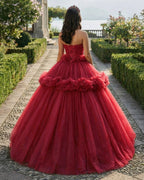 Peplum Red Sleeveless Quinceañera Ball Gown Party Dress - Curvevia