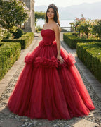 Peplum Red Sleeveless Quinceañera Ball Gown Party Dress - Curvevia