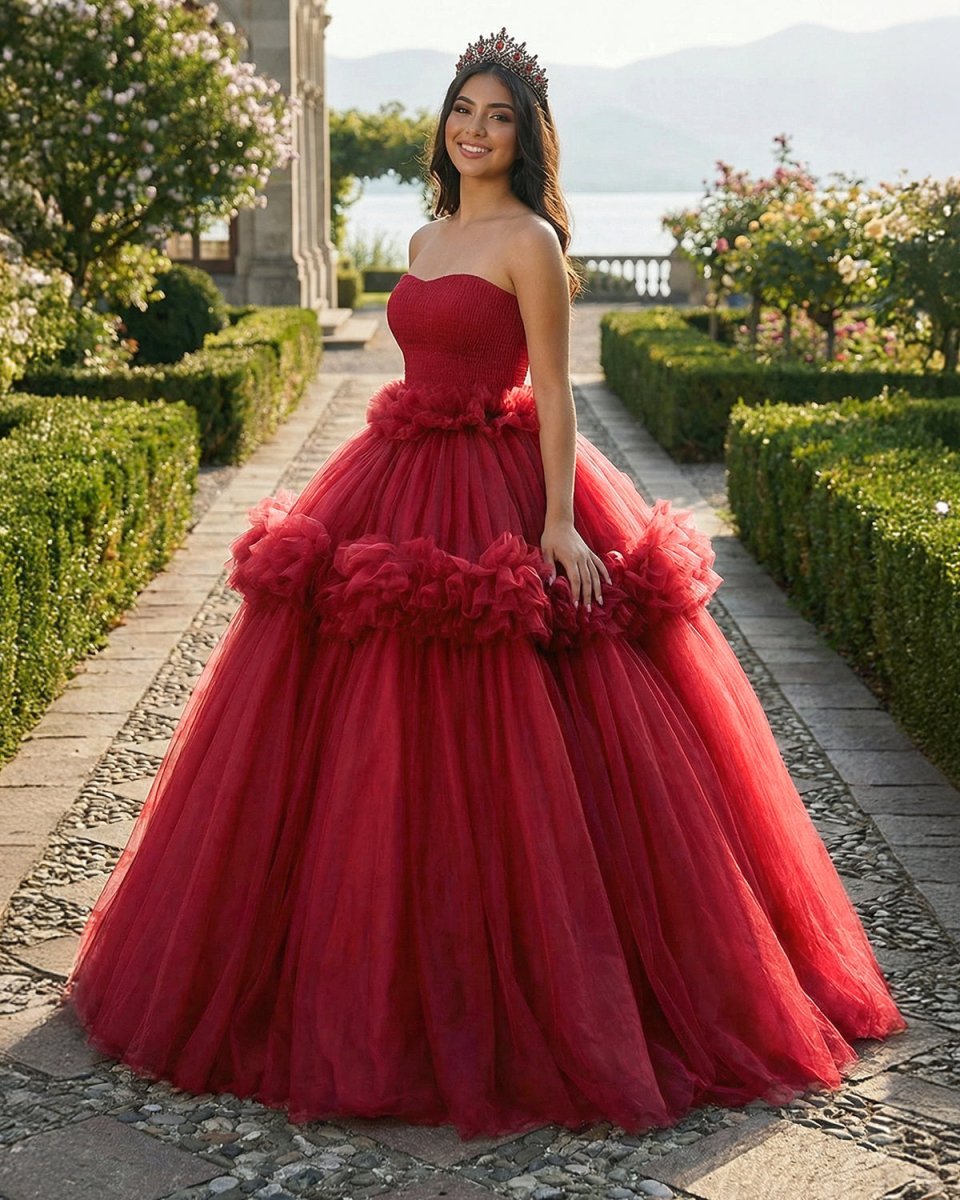 Peplum Red Sleeveless Quinceañera Ball Gown Party Dress - Curvevia