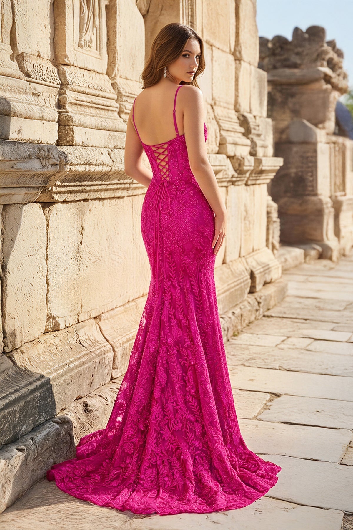 Royal Blue Lace Applique Long Mermaid Dress - Curvevia