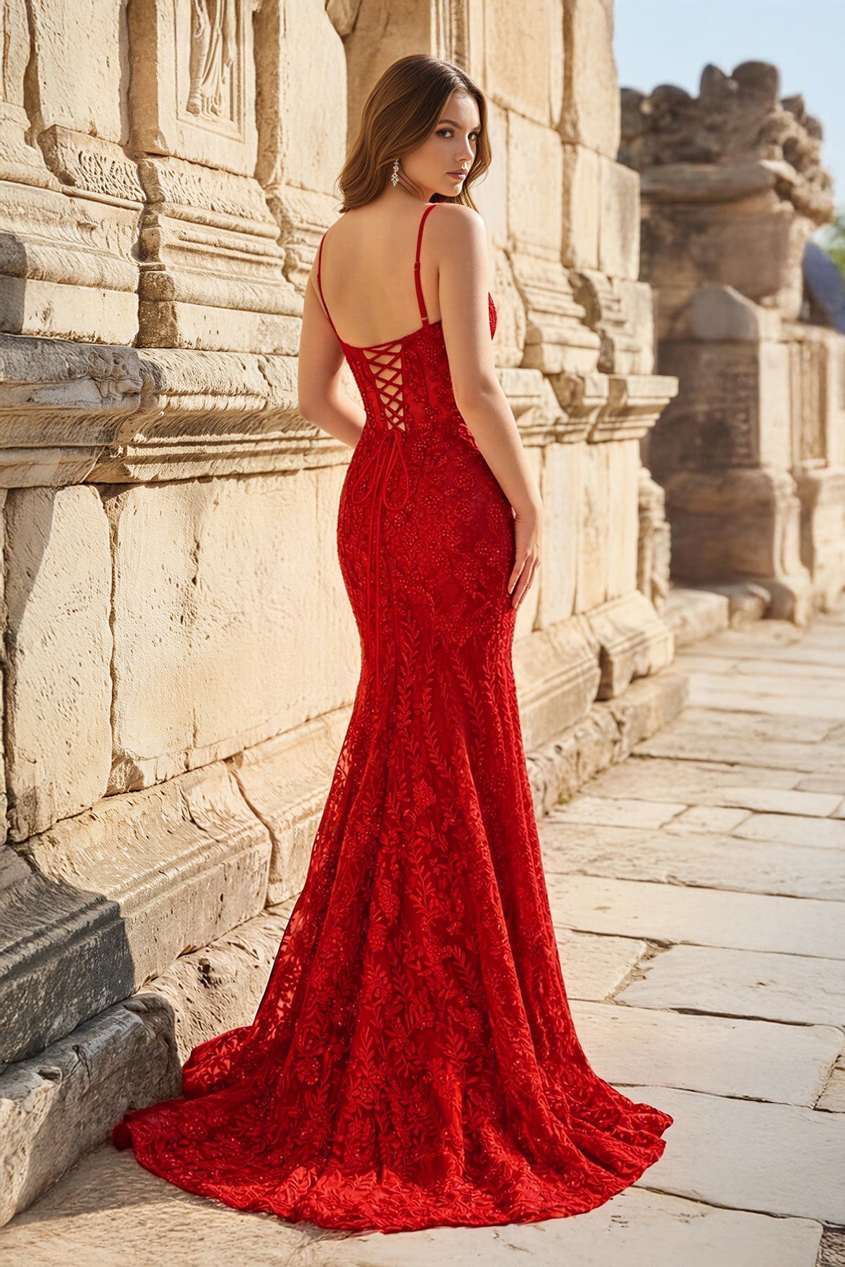 Royal Blue Lace Applique Long Mermaid Dress - Curvevia