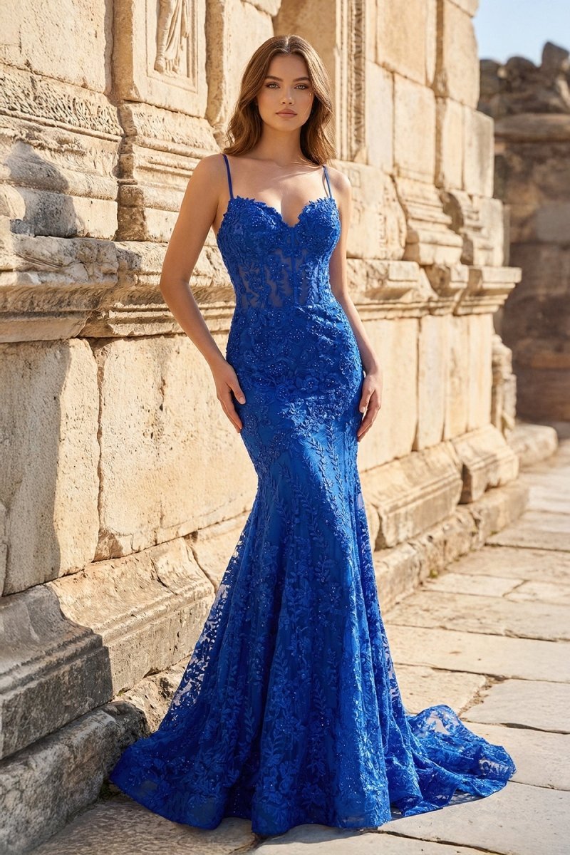 Royal Blue Lace Applique Long Mermaid Dress - Curvevia