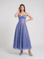 Blue Sequins A-Line V-Neck Floor-Length Dress with Criss-Cross Straps - Curvevia