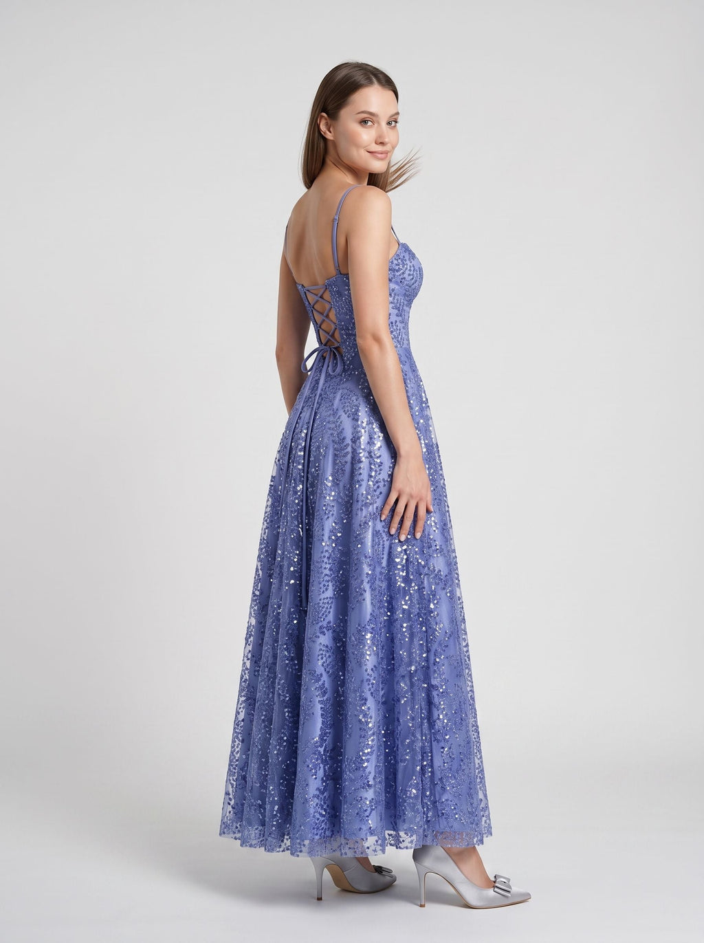 Blue Sequins A-Line V-Neck Floor-Length Dress with Criss-Cross Straps - Curvevia