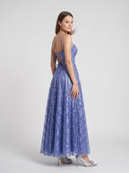 Blue Sequins A-Line V-Neck Floor-Length Dress with Criss-Cross Straps - Curvevia