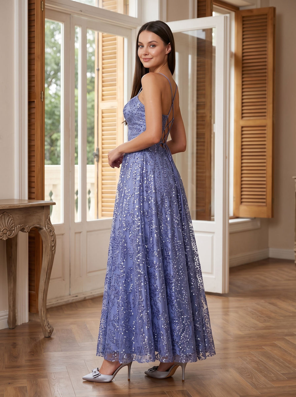 Blue Sequins A-Line V-Neck Floor-Length Dress with Criss-Cross Straps - Curvevia
