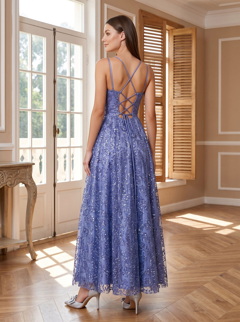 Blue Sequins A-Line V-Neck Floor-Length Dress with Criss-Cross Straps - Curvevia