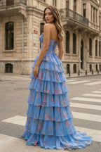 Periwinkle - Strapless A Line Floral Chiffon Ruffled Wedding Guest Dress With Beading - Curvevia