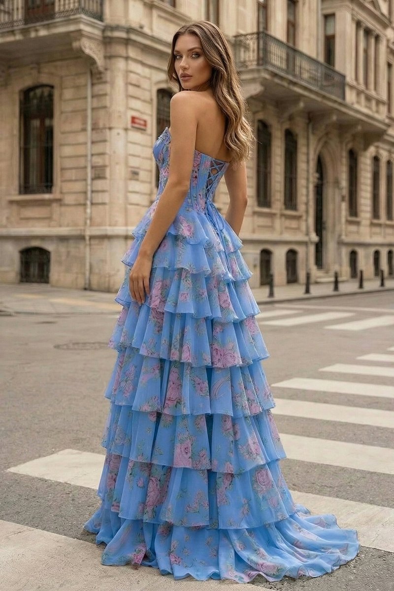 Periwinkle - Strapless A Line Floral Chiffon Ruffled Wedding Guest Dress With Beading - Curvevia