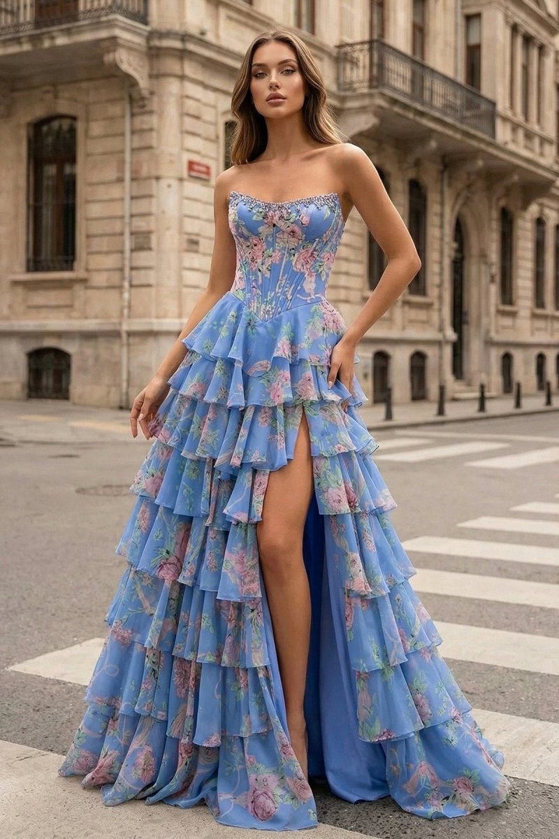 Periwinkle - Strapless A Line Floral Chiffon Ruffled Wedding Guest Dress With Beading - Curvevia