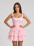 Petal Chiffon A-Line Straight Neck Corset Back Short Dress with Cascading Ruffles - Curvevia