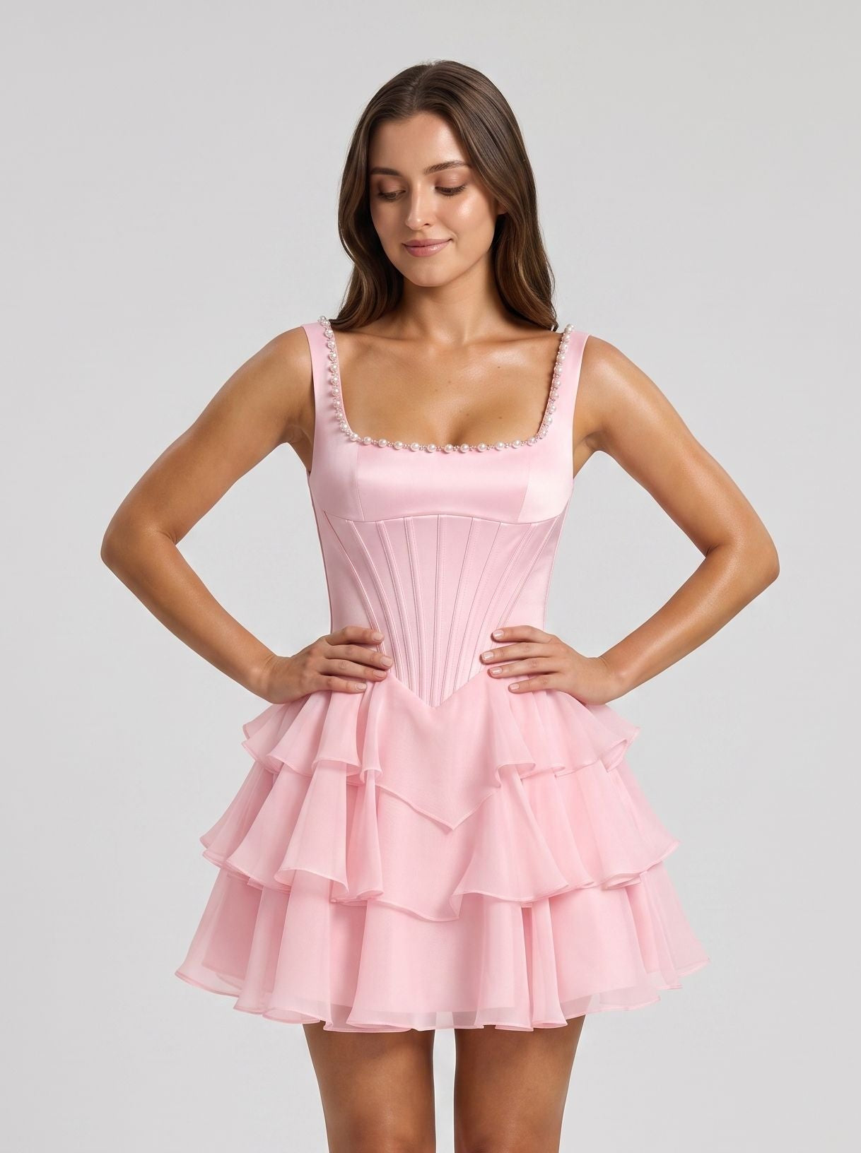 Petal Chiffon A-Line Straight Neck Corset Back Short Dress with Cascading Ruffles - Curvevia