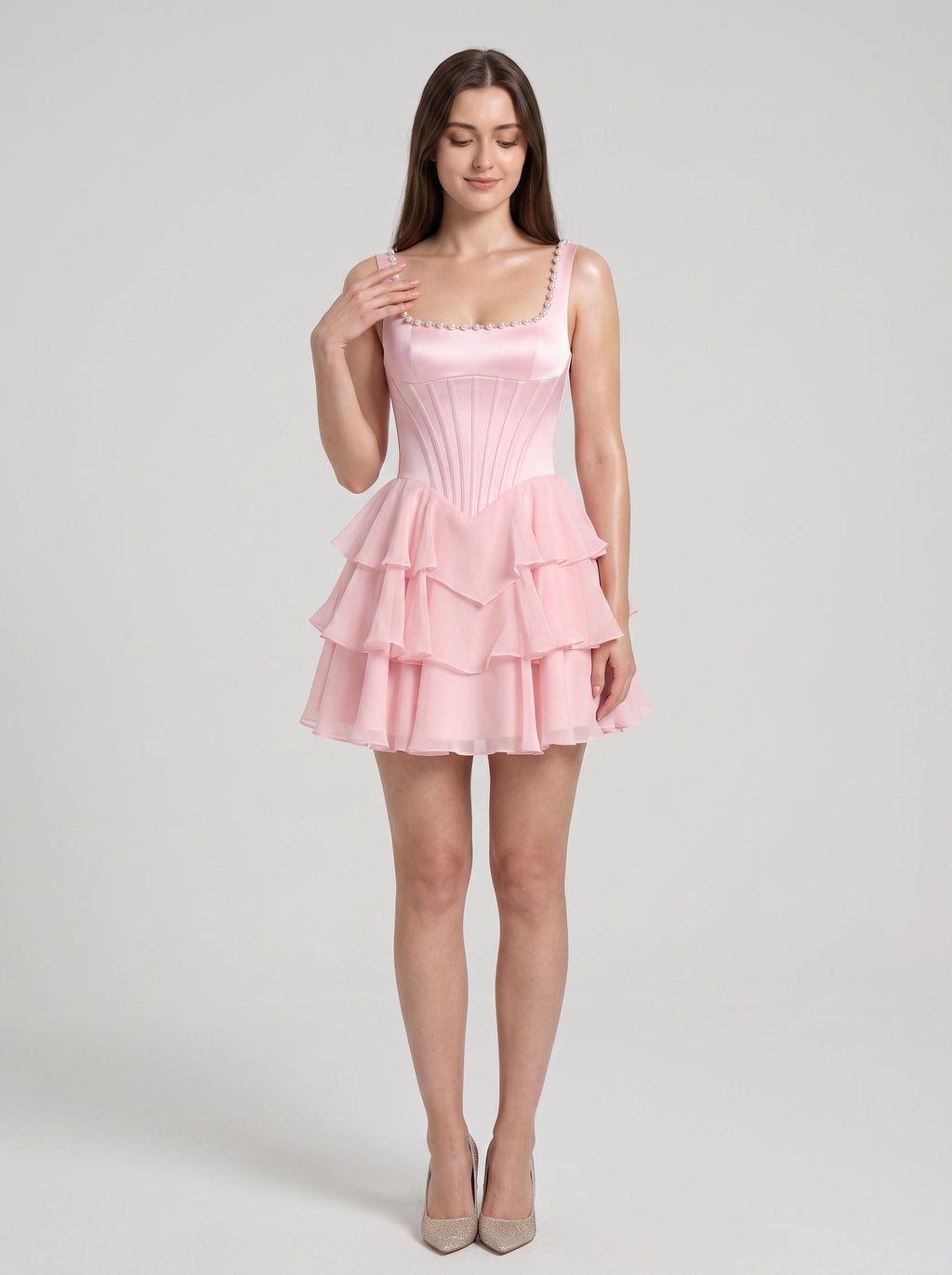 Petal Chiffon A-Line Straight Neck Corset Back Short Dress with Cascading Ruffles - Curvevia