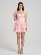 Petal Chiffon A-Line Straight Neck Corset Back Short Dress with Cascading Ruffles - Curvevia