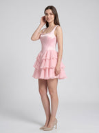 Petal Chiffon A-Line Straight Neck Corset Back Short Dress with Cascading Ruffles - Curvevia
