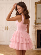 Petal Chiffon A-Line Straight Neck Corset Back Short Dress with Cascading Ruffles - Curvevia