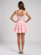 Petal Chiffon A-Line Straight Neck Corset Back Short Dress with Cascading Ruffles - Curvevia