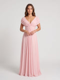Petal Chiffon A-Line V-Neck Back Zip Floor-Length Dress with Cascading Ruffles - Curvevia