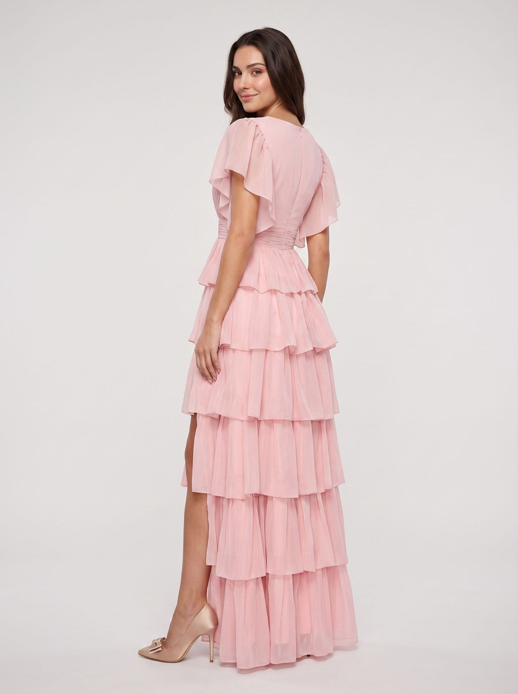 Petal Chiffon A-Line V-Neck Back Zip Floor-Length Dress with Tiered Ruffles - Curvevia