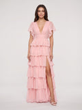 Petal Chiffon A-Line V-Neck Back Zip Floor-Length Dress with Tiered Ruffles - Curvevia